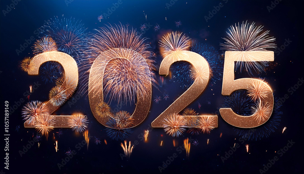 Fototapete combination of the number 2025 with the best design and a combination of festive elements and ornaments such as fireworks exploding among the stars of the night sky floating or flying