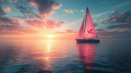 Fototapeta premium A serene sailboat gliding across a calm sea at sunset.