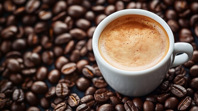 White coffee cup with a brown liquid in it sits on top of a pile of coffee bea