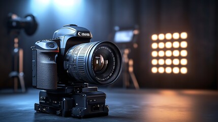 Professional video camera setup filming on location.