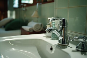 Naklejka premium A sleek bathroom sink in soft focus, with polished fixtures and muted green tiles, evoking a spa-like tranquility and modern elegance.