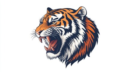 A fierce yet friendly tiger head, stylized in a modern vector style, with bright orange fur and clean black stripes, isolated on a white background.