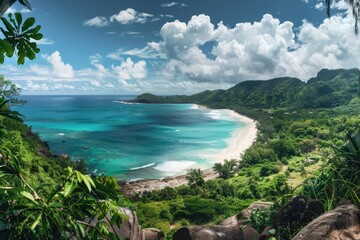 Obraz premium A scenic view of a tropical beach with lush greenery and turquoise waters