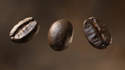 Three coffee beans are shown in a 3D image