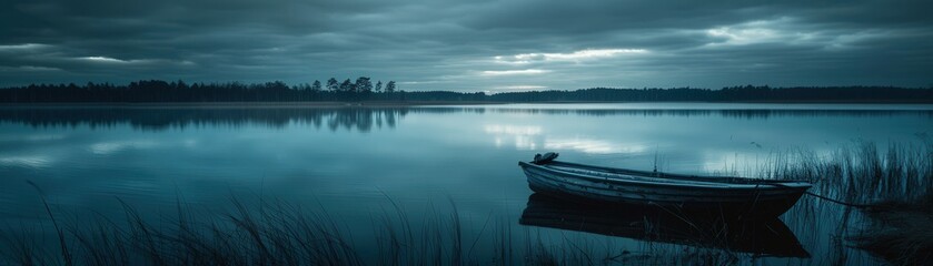 A boat is floating on a lake at night