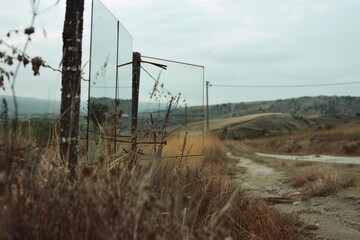 Rustic landscape with dried grass, a wire fence, and hills under a cloudy sky, evoking a sense of solitude and untouched beauty.