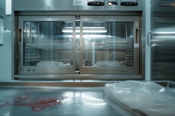 A clinical, stainless steel mortuary with closed compartments and faint reflections depicts a sterile and somber atmosphere.