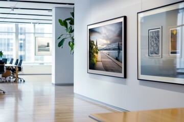 A sleek office hallway adorned with contemporary art, modern aesthetics blending with natural light.