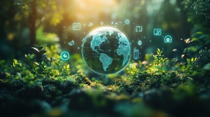 A holographic Earth surrounded by eco-friendly icons, floating above a lush green landscape, symbolizing global environmental awareness and sustainability.
