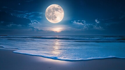 Full summer moon shining brightly over a warm beach, reflecting its light on the ocean. generative ai