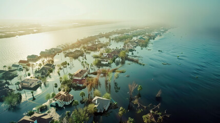 Aerial view of a coastal community during a hurricane