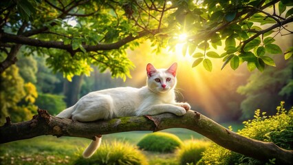 Surreal Scene of a White Stray Cat Relaxing on a Branch in a Public Park