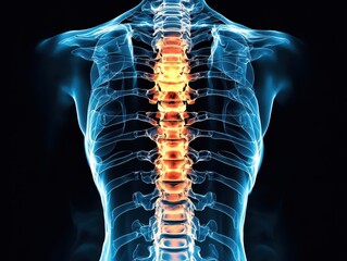 X-ray showing spinal column with implant fusion, highlighting back pain treatment. Professional photo taken with a professional DSLR camera.