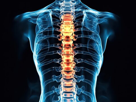 X-ray showing spinal column with implant fusion, highlighting back pain treatment. Professional photo taken with a professional DSLR camera.