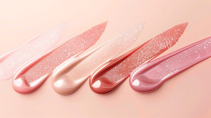 Five swatches of pink glitter lip gloss with shimmery finish in soft, romantic color palette