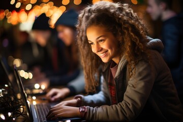 A young girl joyfully using a laptop in a festive, illuminated environment.