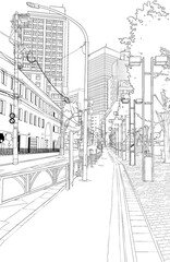 漫画風ペン画イラスト　繁華街_街並