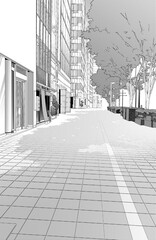 漫画風ペン画イラスト　繁華街_街並