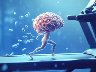 3D brain character running on a treadmill, depicting cognitive health, set against a blue background for a lively illustration.