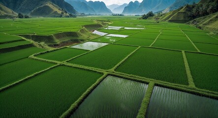 Aerial view of emerald green rice paddies in valley