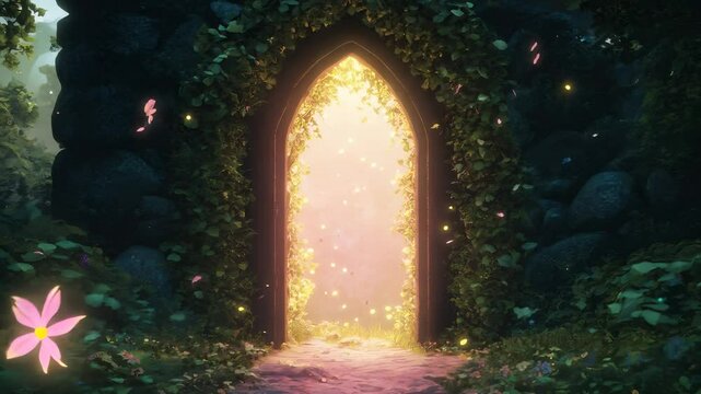 Hidden door in magical woodland, fairytale colors, soft lighting.