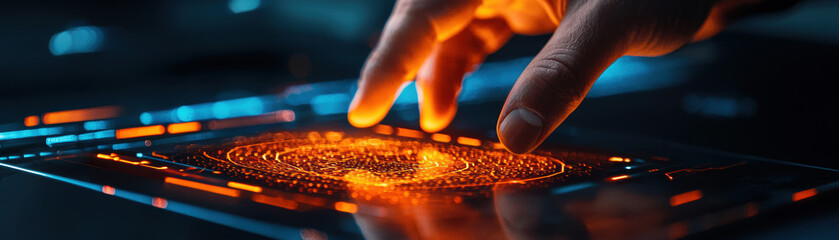 A finger touches a glowing, interactive interface, featuring vibrant orange particles, against a dark background, suggesting advanced technology and digital interaction.