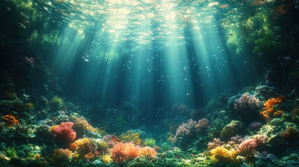 Naklejka premium Vibrant underwater scene with coral and sunlight filtering through.