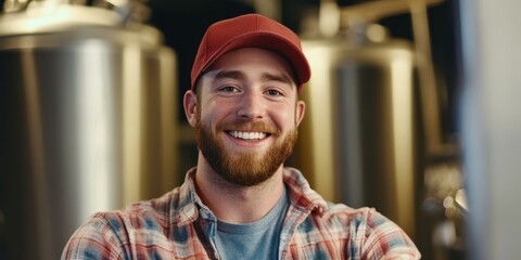 Smiling man in a plaid shirt and red cap, posing confidently in a brewery with metallic tanks in the background.