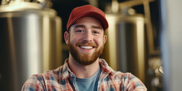 Smiling man in a plaid shirt and red cap, posing confidently in a brewery with metallic tanks in the background.