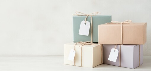 Stack of pastel colored gift boxes tied with twine, placed on a light background.