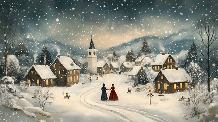 Snowy Village with Church and Victorian-Era Figures in Winter Wonderland