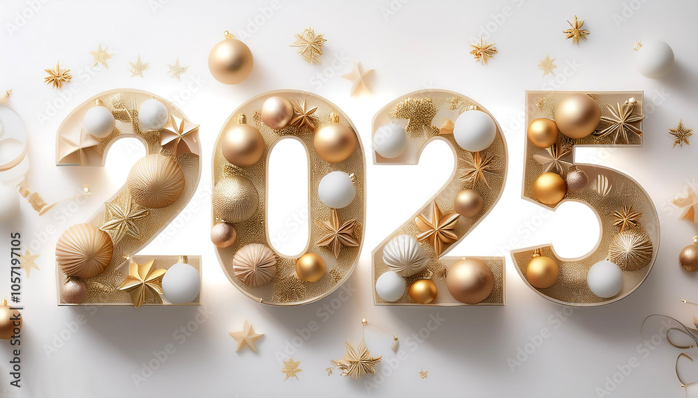 Fototapete The combination of the number 2025 with the best design and combination of festive elements and ornaments floating or flying isolated white background