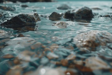 Rippling waters gently caress smooth stones, reflecting a deep, serene blue, evoking a sense of calm and tranquility in this close-up nature scene.
