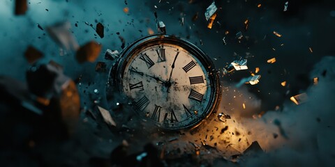 Conceptual image of time passing with a clock breaking down, symbolizing aging and urgency, captured in high resolution.