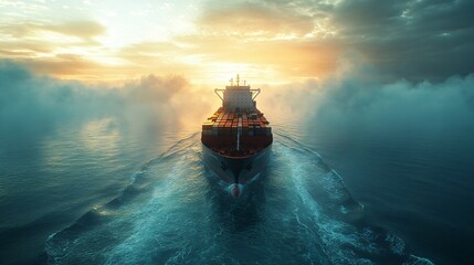 Obraz premium A large cargo ship braves the tumultuous sea under a stormy sky.