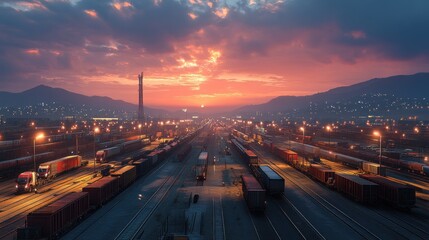 Fototapeta premium Sunset over a bustling freight yard with illuminated cargo containers.