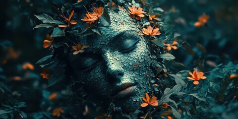 Surreal portrait of a face merging with nature as it disintegrates into leaves and flowers, captured in high resolution.