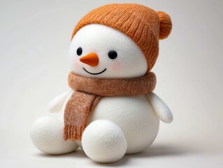 A snowman wearing a knitted hat and scarf sitting on a white surface