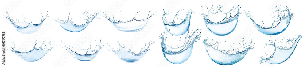 Poster a series of crystal-clear water splashes against a white background, capturing the dynamic motion an