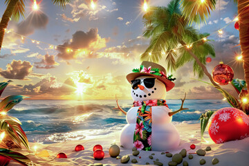 A playful snowman in sunglasses enjoys a tropical Christmas on a sandy beach at sunset