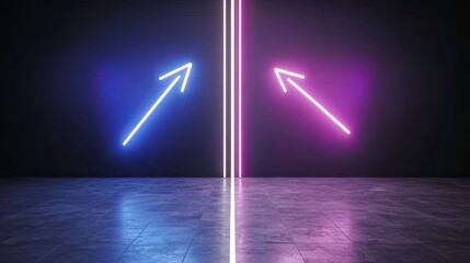 Vibrant abstract neon background showcasing glowing blue and pink arrows in a dynamic, futuristic design