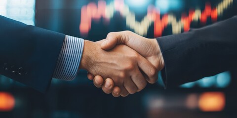 Two business professionals shaking hands over a stock market background.