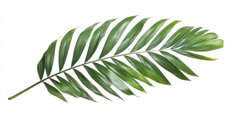 Close-up of a vivid green palm leaf against a white background, showing detailed texture and beauty. Captured with a professional DSLR camera, high resolution.