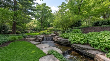 Tranquil Garden with Stream and Lush Greenery