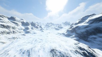 Obraz premium Snowy mountain valley with a bright sky.