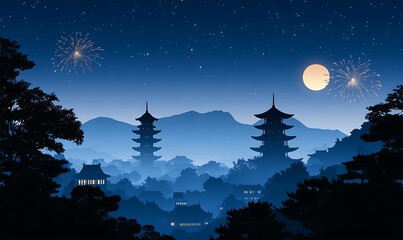 Fototapeta premium Serene night scene with pagodas, mountains, fireworks, and a large moon.