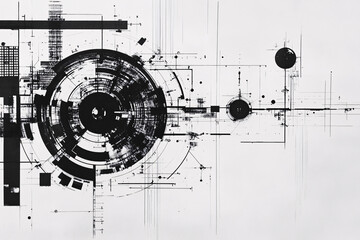 A circular tech diagram in black and white with radial lines and interconnected shapes on a white background evoking modern engineering themes
