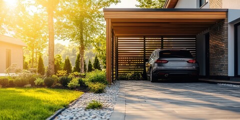 Modern wooden carport beside a detached house, showcasing a new and contemporary design. High-resolution image captured with a professional DSLR camera.