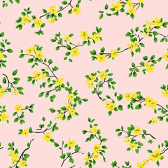 Fototapeta premium A small floral pattern on a light pink background, with small flowers in yellow and green. 