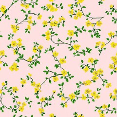 A small floral pattern on a light pink background, with small flowers in yellow and green. 